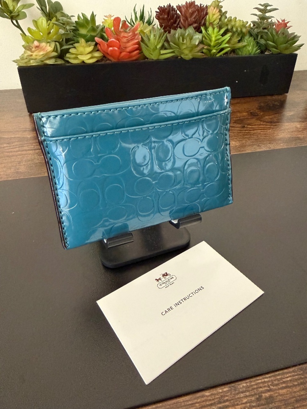 Coach Teal Patent Leather Signature Card Holder Wallet